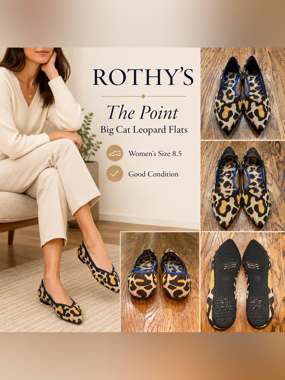 Rothy’s The Point Big Cat Leopard Print Flats Blue Trim Women’s Size 8.5